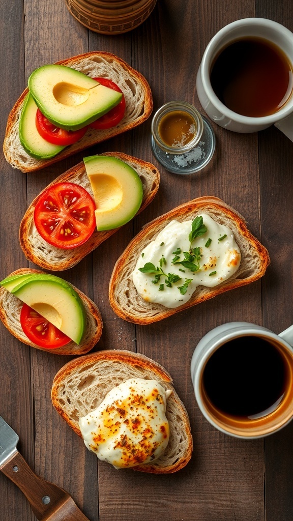 Sliced sourdough bread topped with avocado, tomatoes, and cheese on a rustic table.